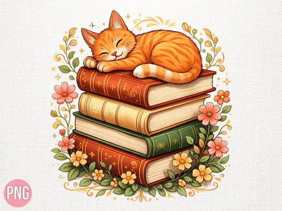 Cat Sleeping on Books Floral PNG