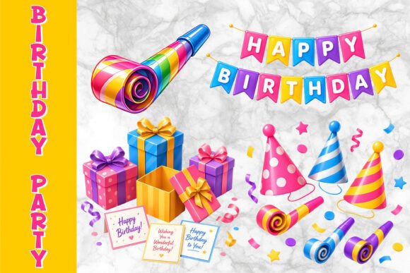 Elevate Your Designs with Vibrant Birthday Party Accessories Clipart