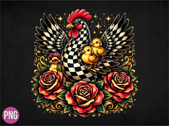 Unlocking Creative Potential with the Checkered Rooster and Chicks Rose PNG Design